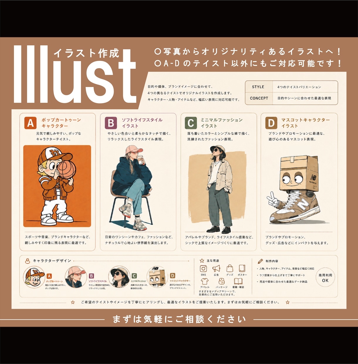 写真をお好みのテイストで魅力的なイラストにします 4種類の異なるテイストからお選びいただけます。 イメージ1