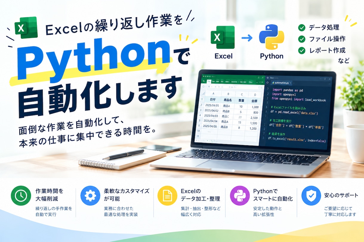 Excel繰り返し作業をPythonで自動化します 手作業ひとつを、3〜5日で消します。まずは小さく試せます。 イメージ1