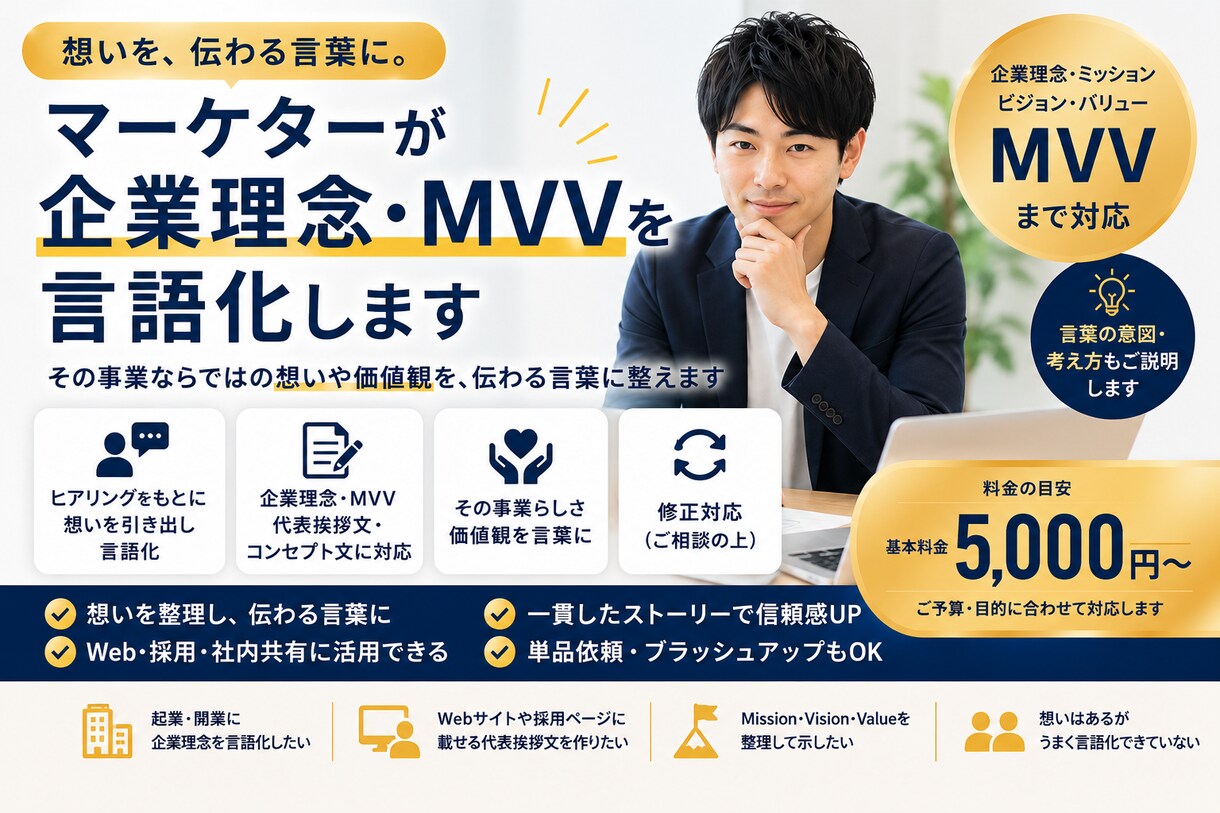 マーケターが企業理念・MVVを言語化ます 事業への想いを、伝わる言葉に整えます イメージ1