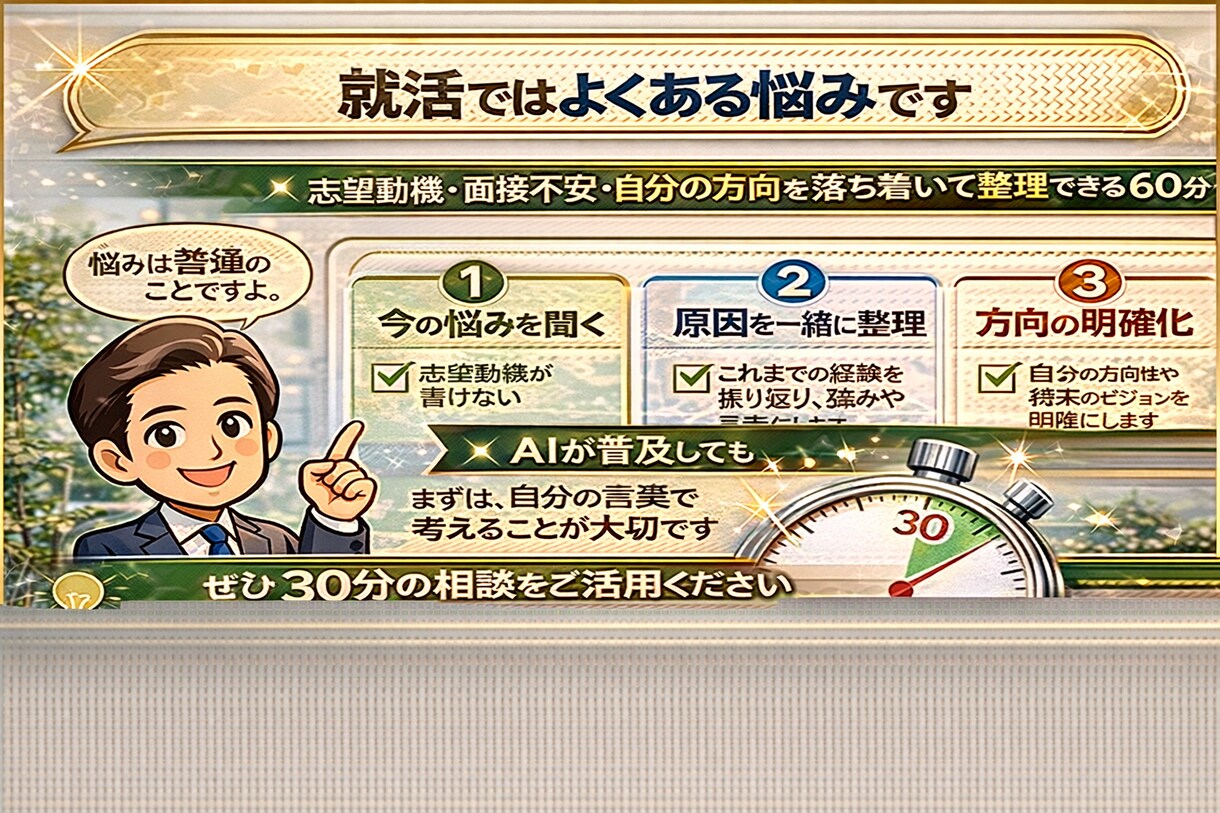 元上場企業人事が就活の悩みを30分で原因整理します まずは短時間で、どこで止まっているのかを整理します。 イメージ4