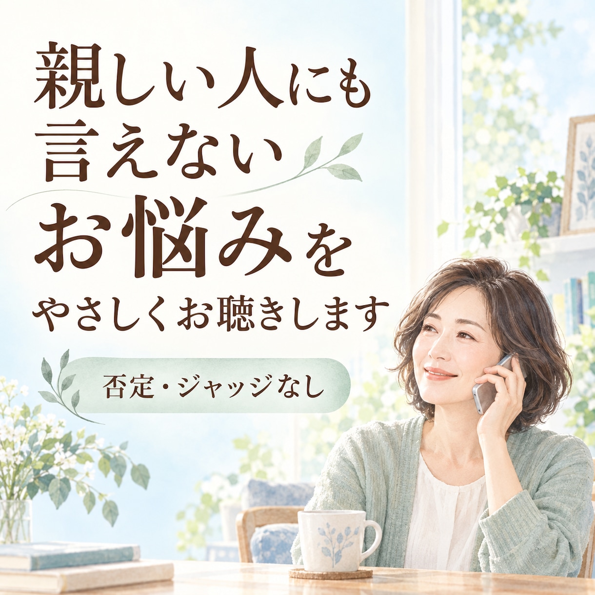 親しい人にも言えないお悩みをやさしくお聴きします 否定もジャッジもせず、あなたの気持ちに寄り添います イメージ1
