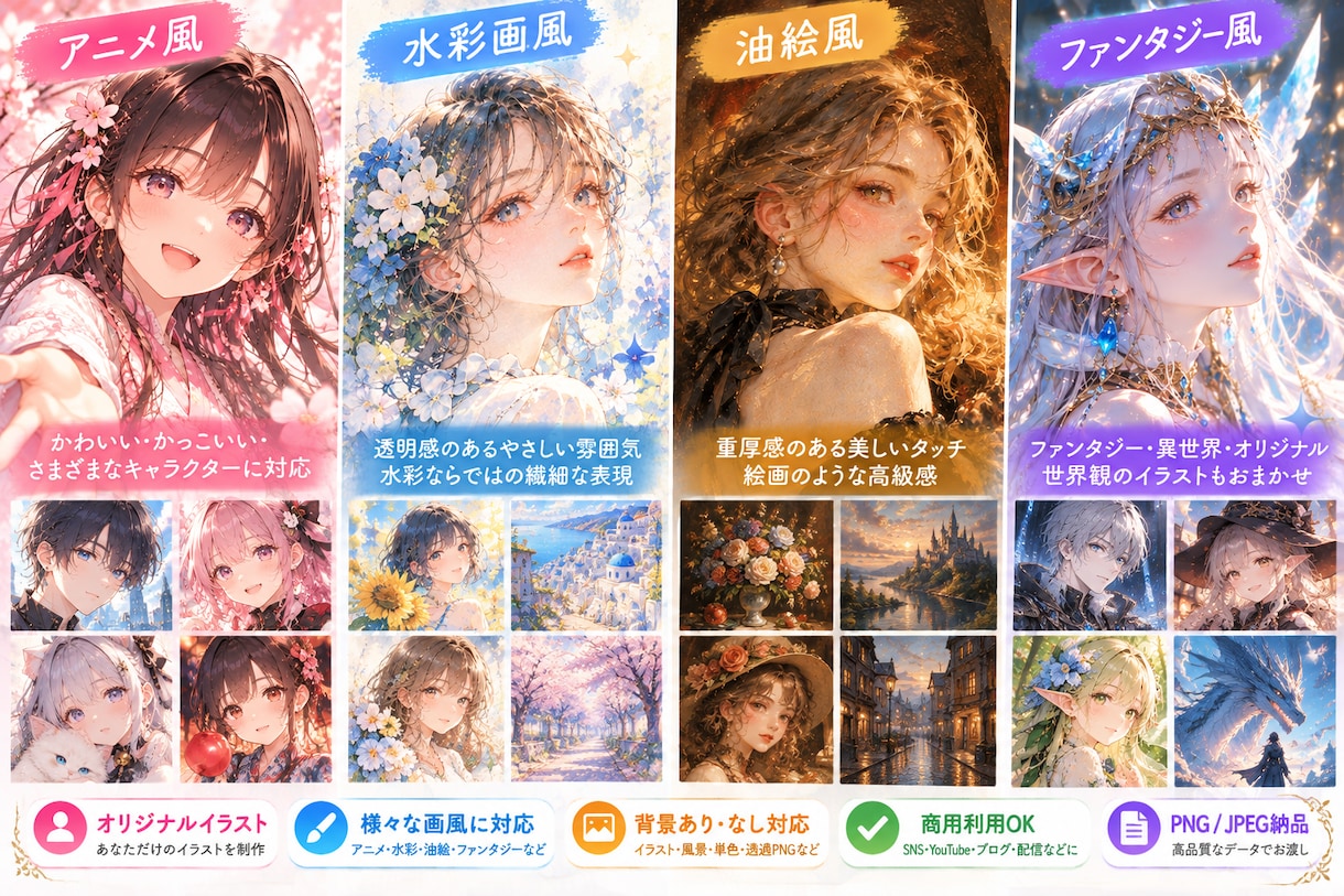 多彩な画風でオリジナルAIイラストを制作します アニメ風・水彩画風・油絵風に対応！商用利用可・背景透過可 イメージ3