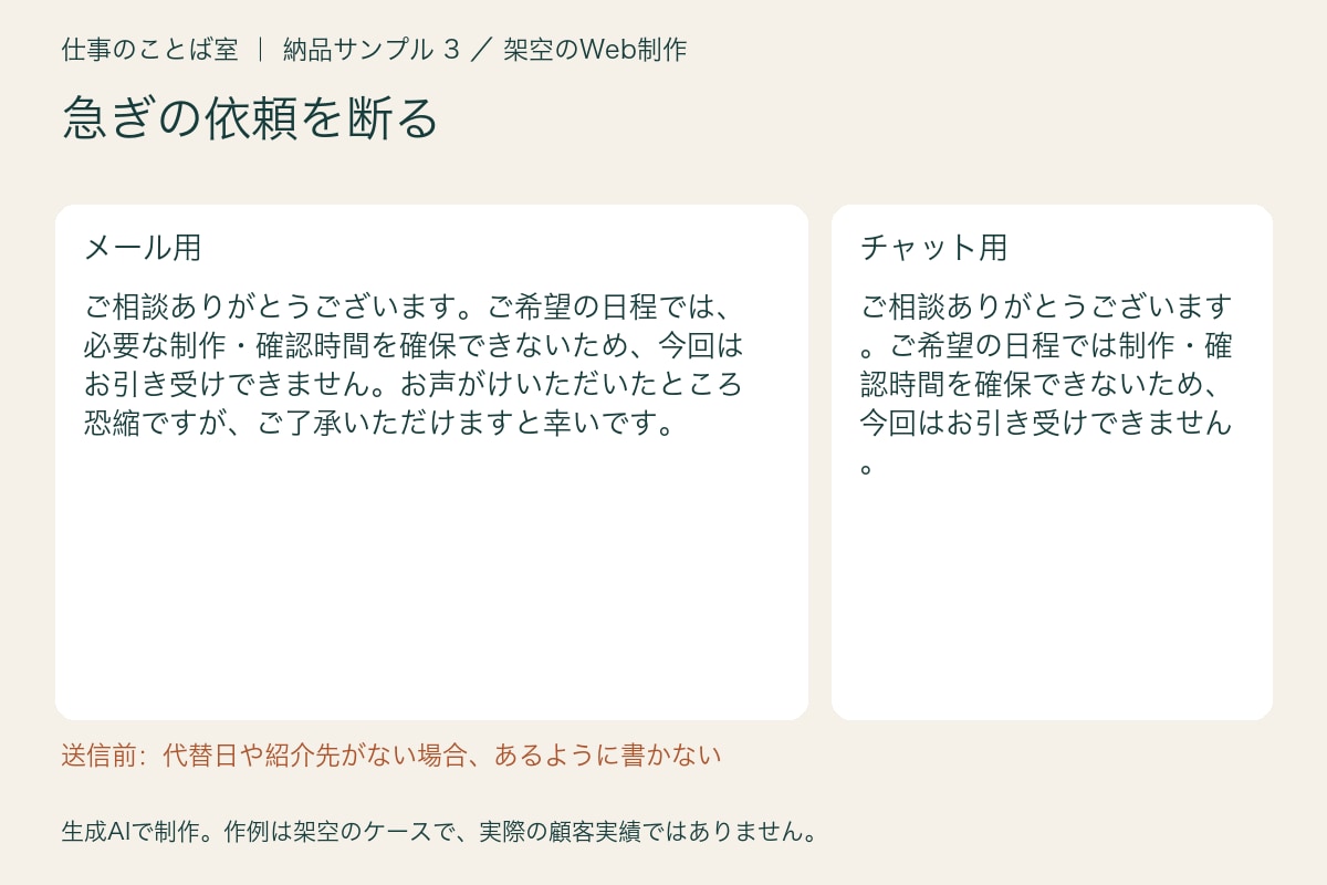 仕事に合わせた連絡文10本を作ります 見積・修正依頼・お断りをメールと短文に イメージ5