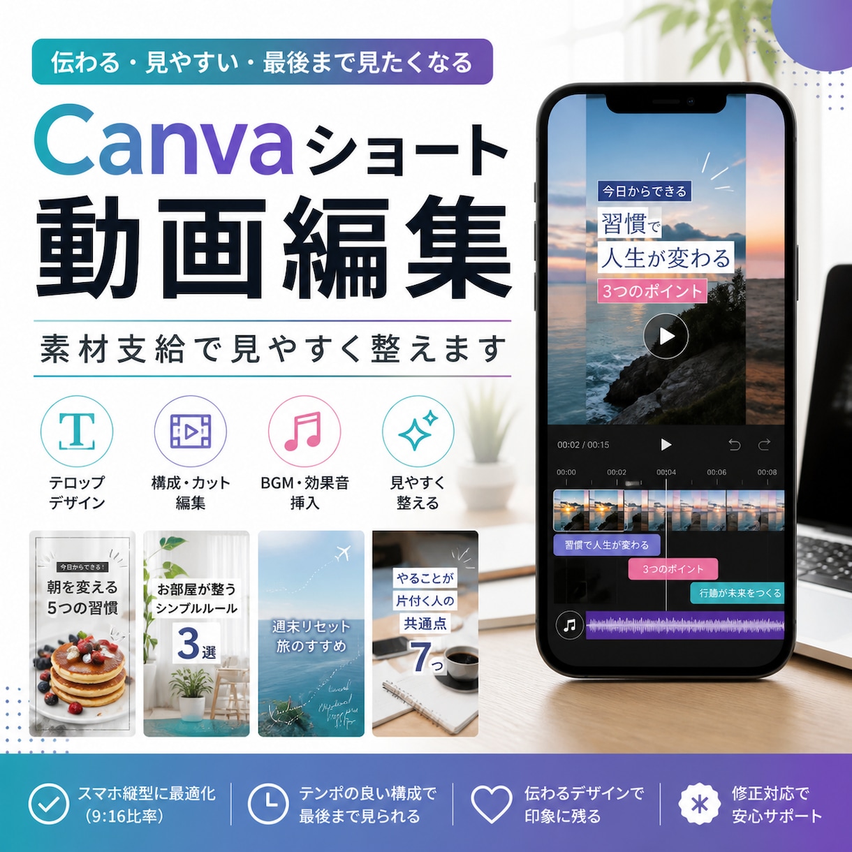 Canvaショート動画を編集します 素材支給で縦動画を見やすく整えます イメージ1
