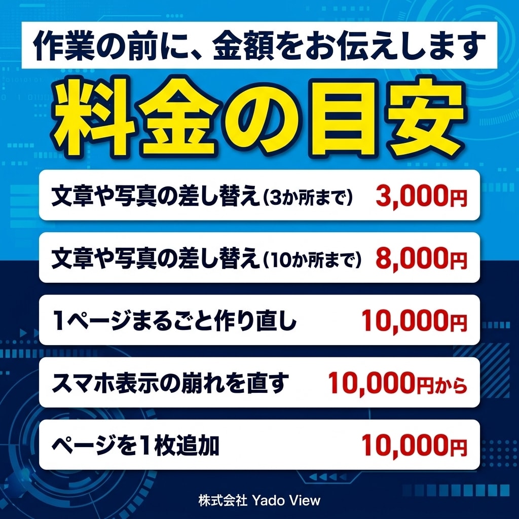 宿のホームページの直したい所だけ修正します 1か所からでもOK！他社様で作成したサイトも承ります イメージ3