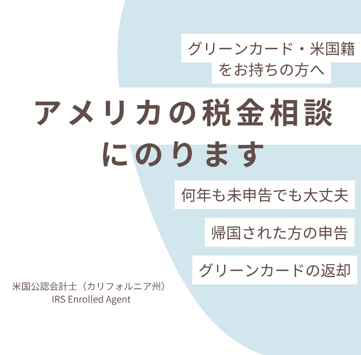 グリーンカード・米国籍の方の税務相談にのります 帰国された方へ。何年も申告していなくても大丈夫です イメージ1