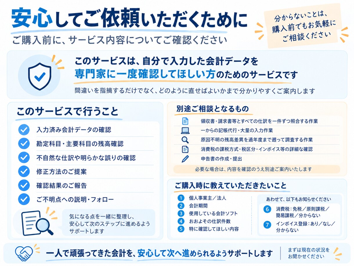 税理士が入力済みの会計データをチェックします 仕訳・勘定科目・残高を確認し修正方法までご案内 イメージ7