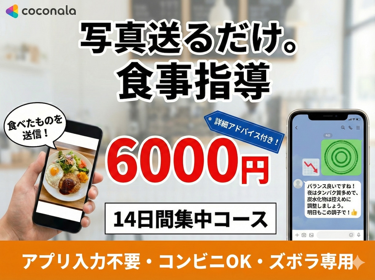 14日間集中。食事写真送るだけで指導します 本気で変わりたい方へ。「◎×判定」だけじゃない改善策を提供 イメージ1