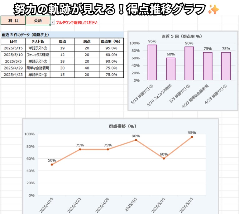 テスト結果をかんたん記録・見える化します 点数入力で自動化！得点率とグラフを自動表示・色分け イメージ4