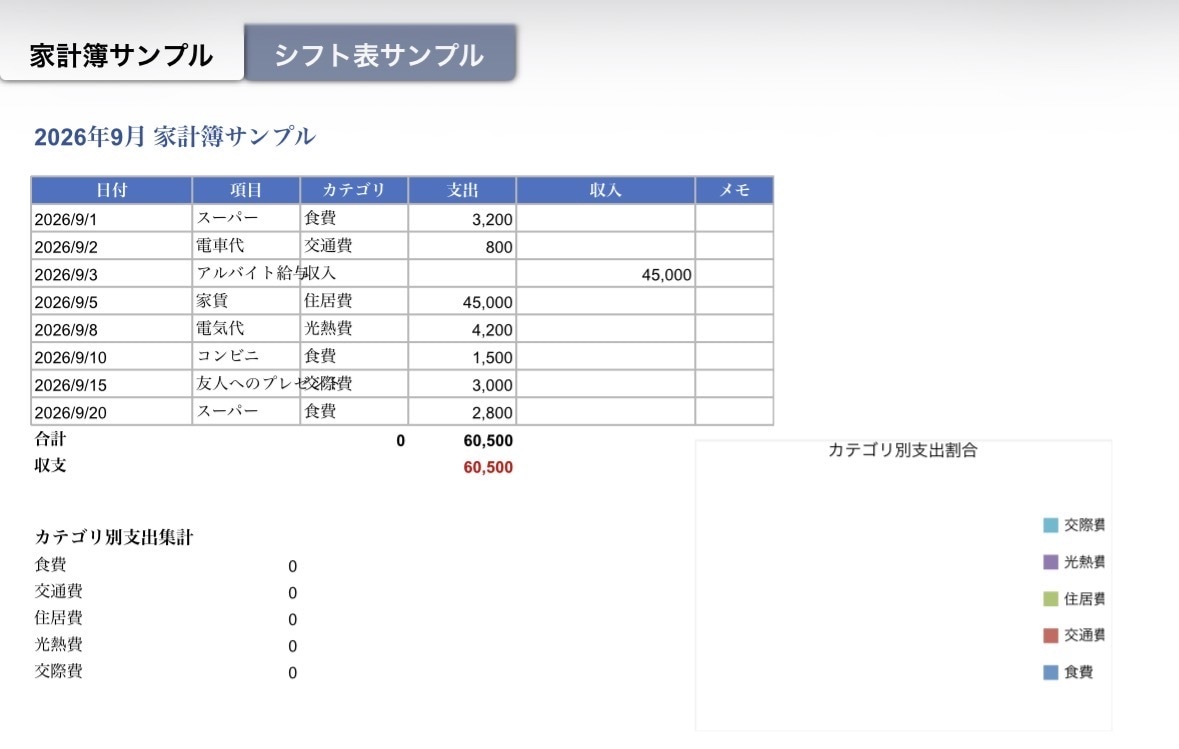 Excel家計簿・シフト表を作成します 項目を教えるだけ!あなただけの家計簿・シフト表を即作成 イメージ2