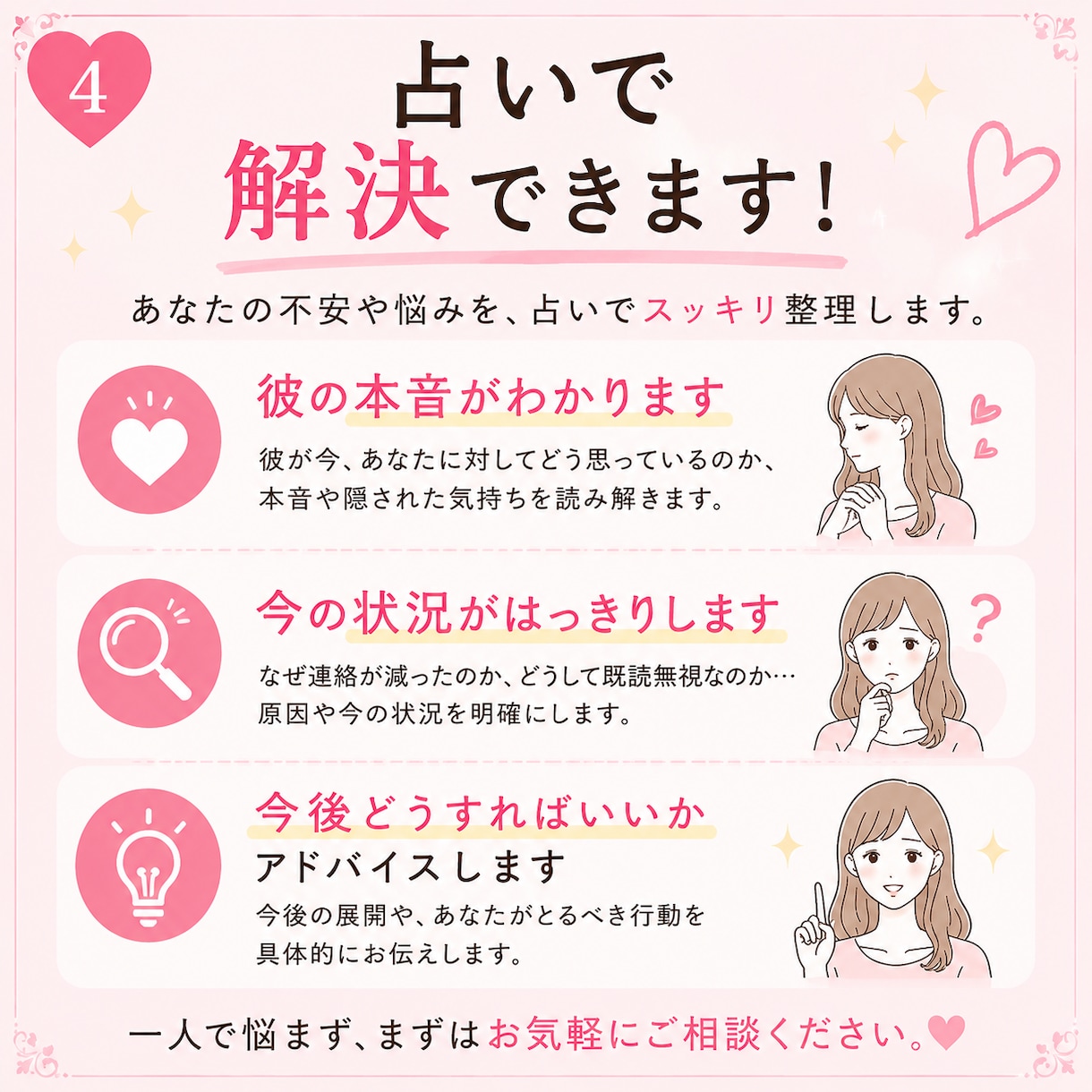 彼・彼女の本音占います。幸せに導きます 「なんで急に連絡減ったの？」その不安、占いで整理します イメージ4
