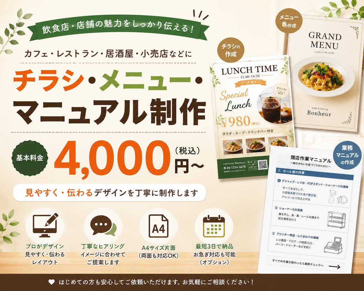 飲食店向けの販促物を作成します メニュー・チラシ・マニュアルを見やすく丁寧に制作 イメージ1