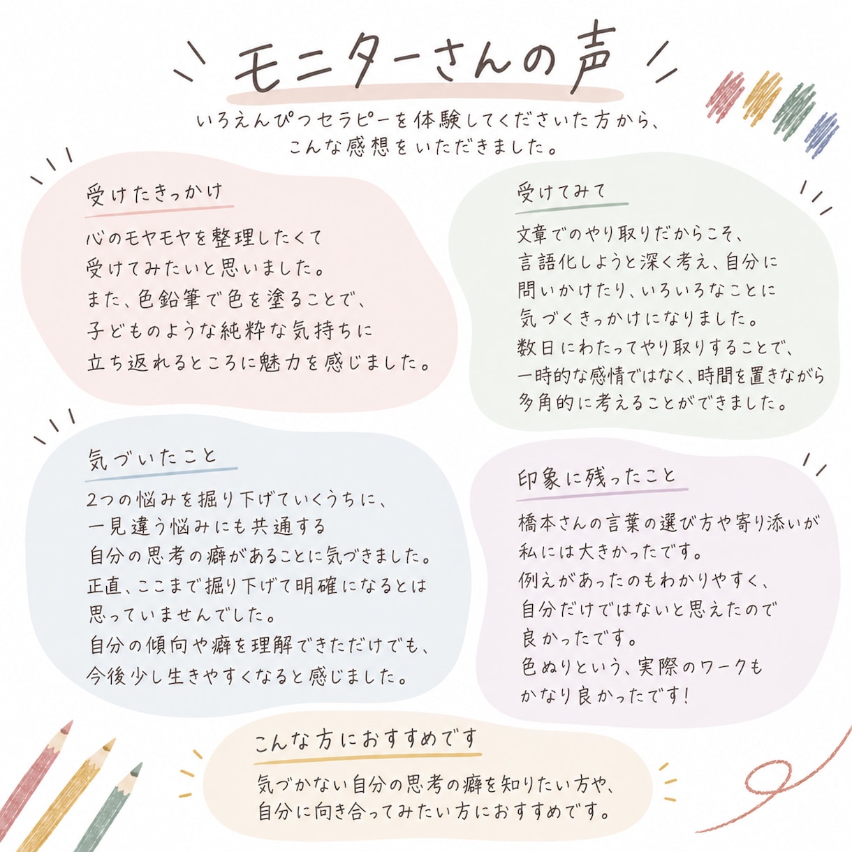 9マスの色から、今の気持ちを一緒に整理します 言葉にしにくいモヤモヤも、色と対話から一緒に整理します イメージ2