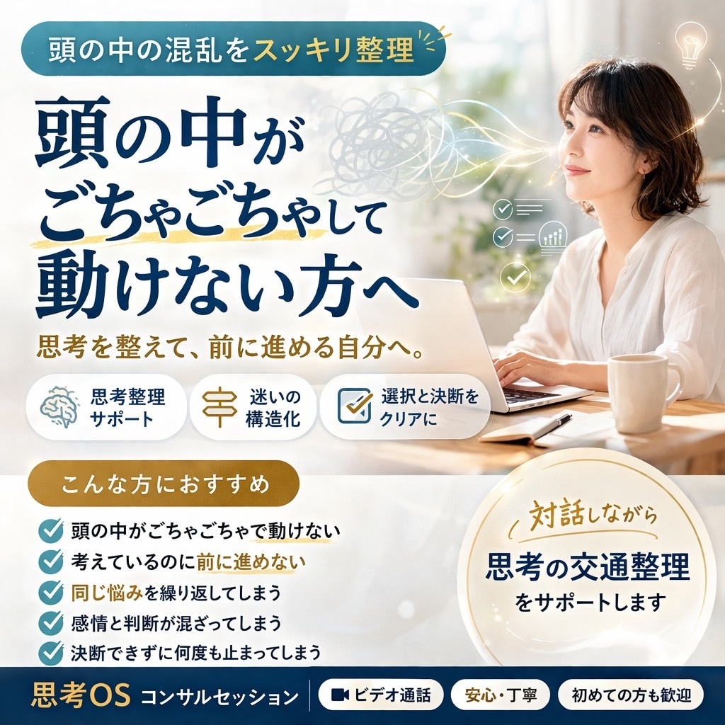 思考整理コンサルタントがお悩みを整理します 頭の中を混乱をスッキリ整理！思考を整えて、前に進める自分に。 イメージ2