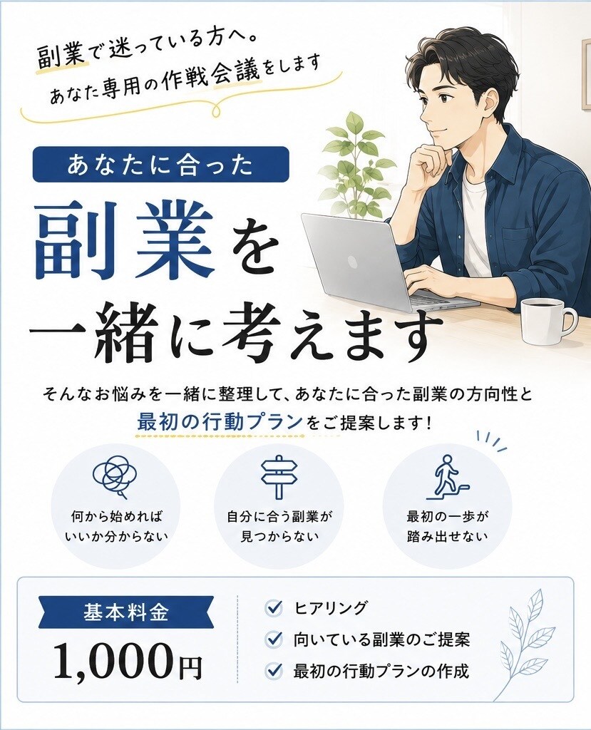 副業で何を始めるべきか一緒に考えます 副業で迷っている方へ！あなた専用の作戦会議をします！ イメージ1