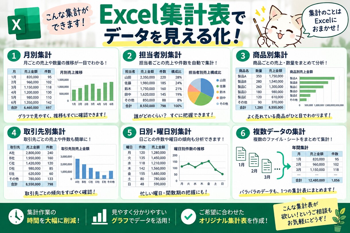 見やすく使いやすいExcel集計表を作成します 毎月の集計作業をラクに！データを入れるだけで分かりやすく集計 イメージ2