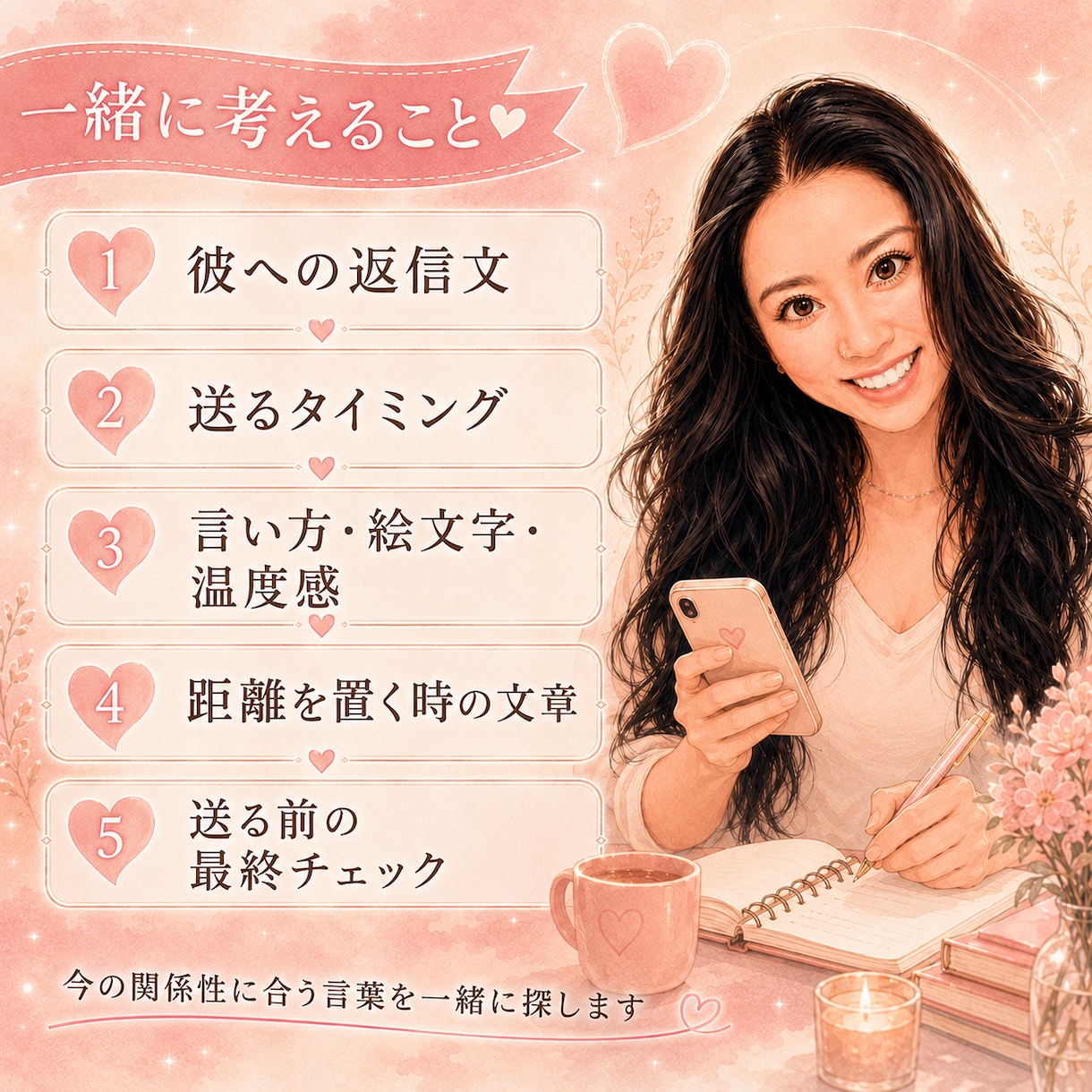 彼に送るLINE返信を本音で一緒に考えます 重くならず本音が伝わる彼への一文を女性目線で考えます イメージ3
