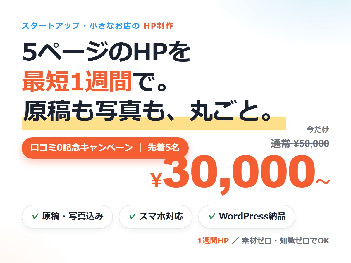5ページのHPを最短1週間で作ります 原稿も写真もこちらで用意。素材ゼロ・知識ゼロでOK。 イメージ1