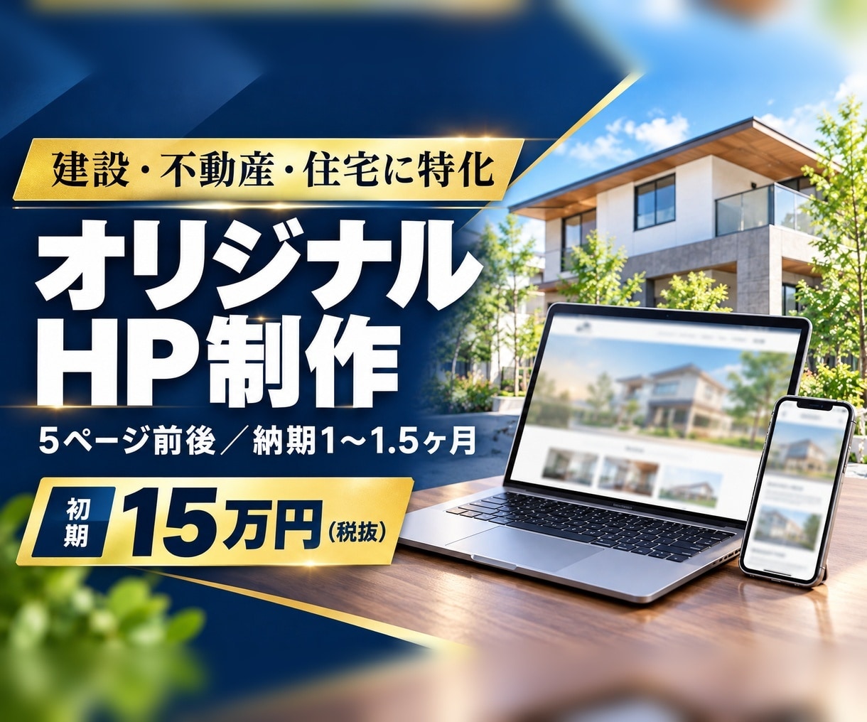 1〜1.5ヶ月でオリジナルHPを制作します 初期15万円／5ページ前後／AI活用で工数を圧縮 イメージ1
