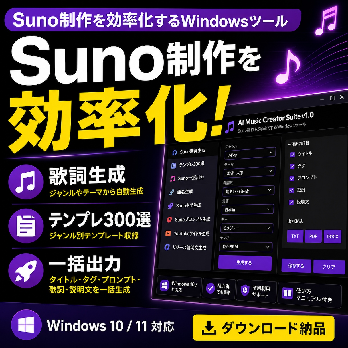 Suno楽曲制作支援ツール販売します Suno制作を効率化するWindowsツール イメージ1