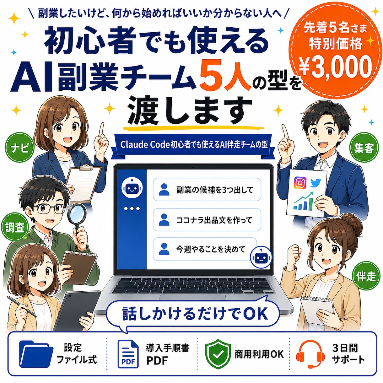 初心者でも使えるAI副業チーム5人の型を渡します Claude Codeですぐ使えるAI伴走チームテンプレート イメージ1