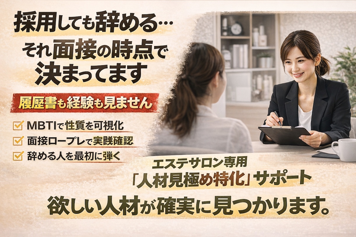 あなたのサロンで欲しい人材が見つかります 採用しても続かない それは「育成」ではなく、最初の見極めです イメージ1