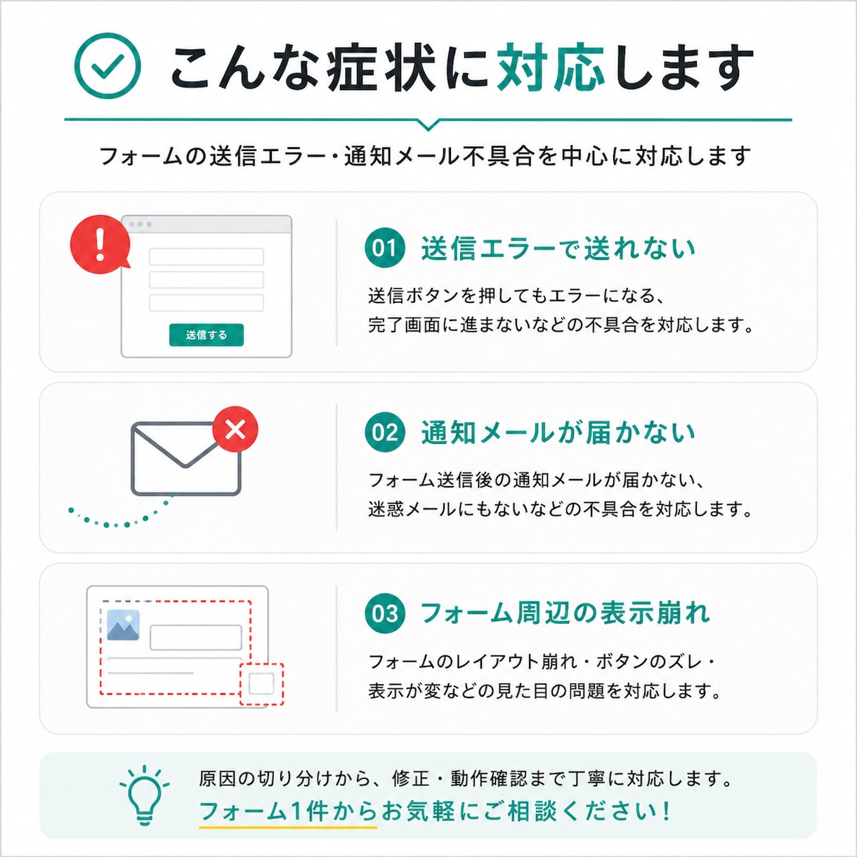 問い合わせフォームの不具合を診断・修正します 送信エラー・通知メール不具合・表示崩れに対応 イメージ2