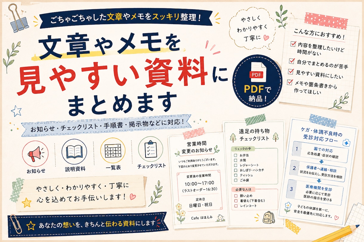 文章やメモを見やすい資料にまとめます ごちゃごちゃした情報を整理して伝わる資料にします イメージ1
