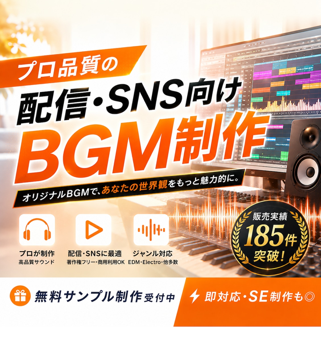 プロ品質の配信・SNS向けBGMを制作します 無料サンプル制作｜販売実績185件｜即対応・SE制作も◎ イメージ1