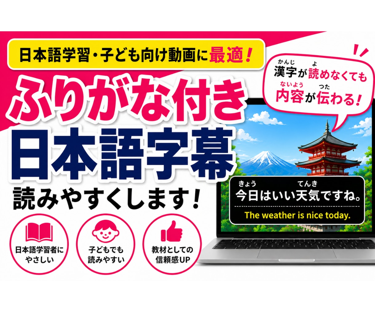 ふりがな字幕で日本語・子ども向け動画を作ります 字幕or音声を送るだけ！ふりがな付き字幕データを作成します イメージ1