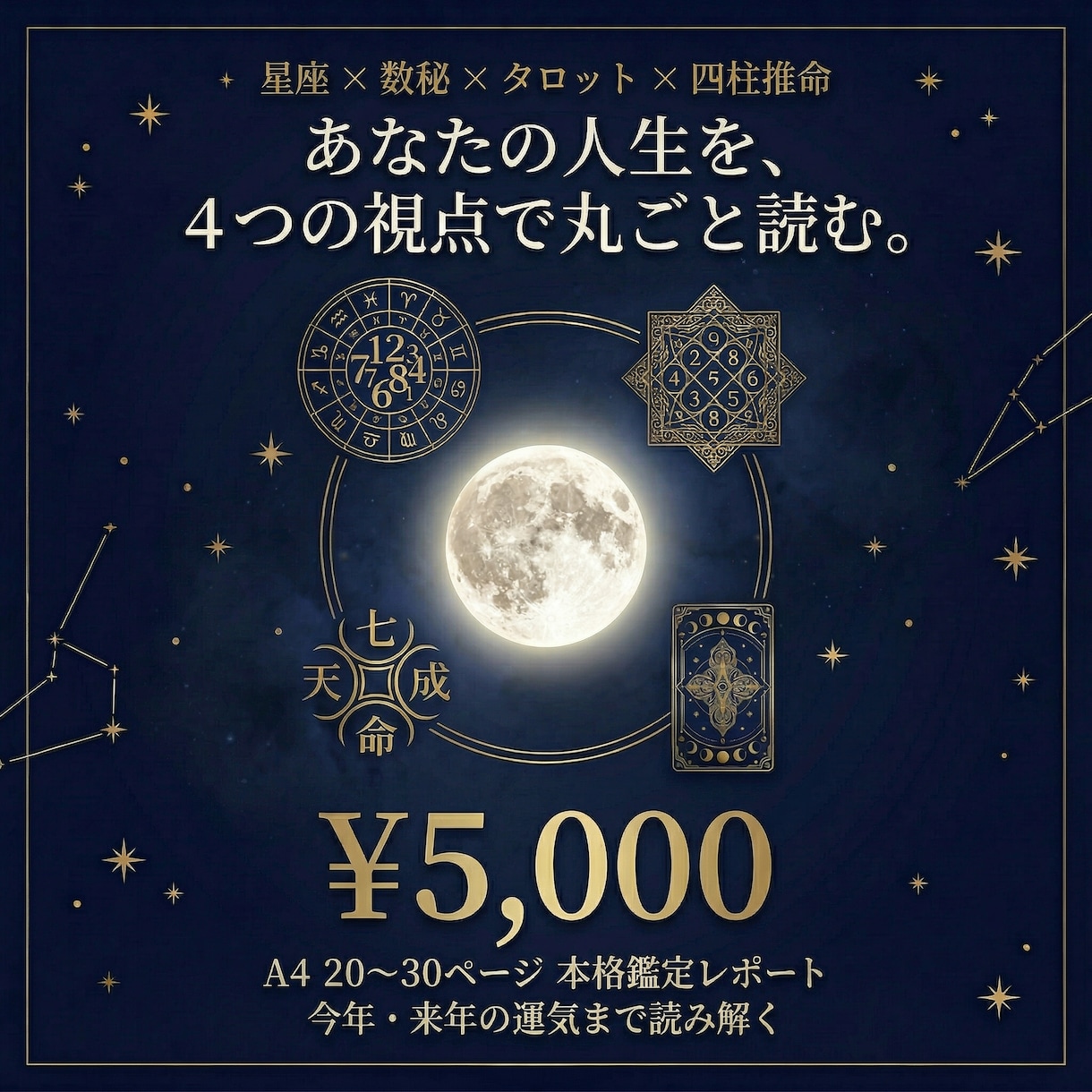 フル鑑定 4術合わせた総合個別レポートを作ります 星座・数秘・タロット・四柱推命で丸ごと読む イメージ1