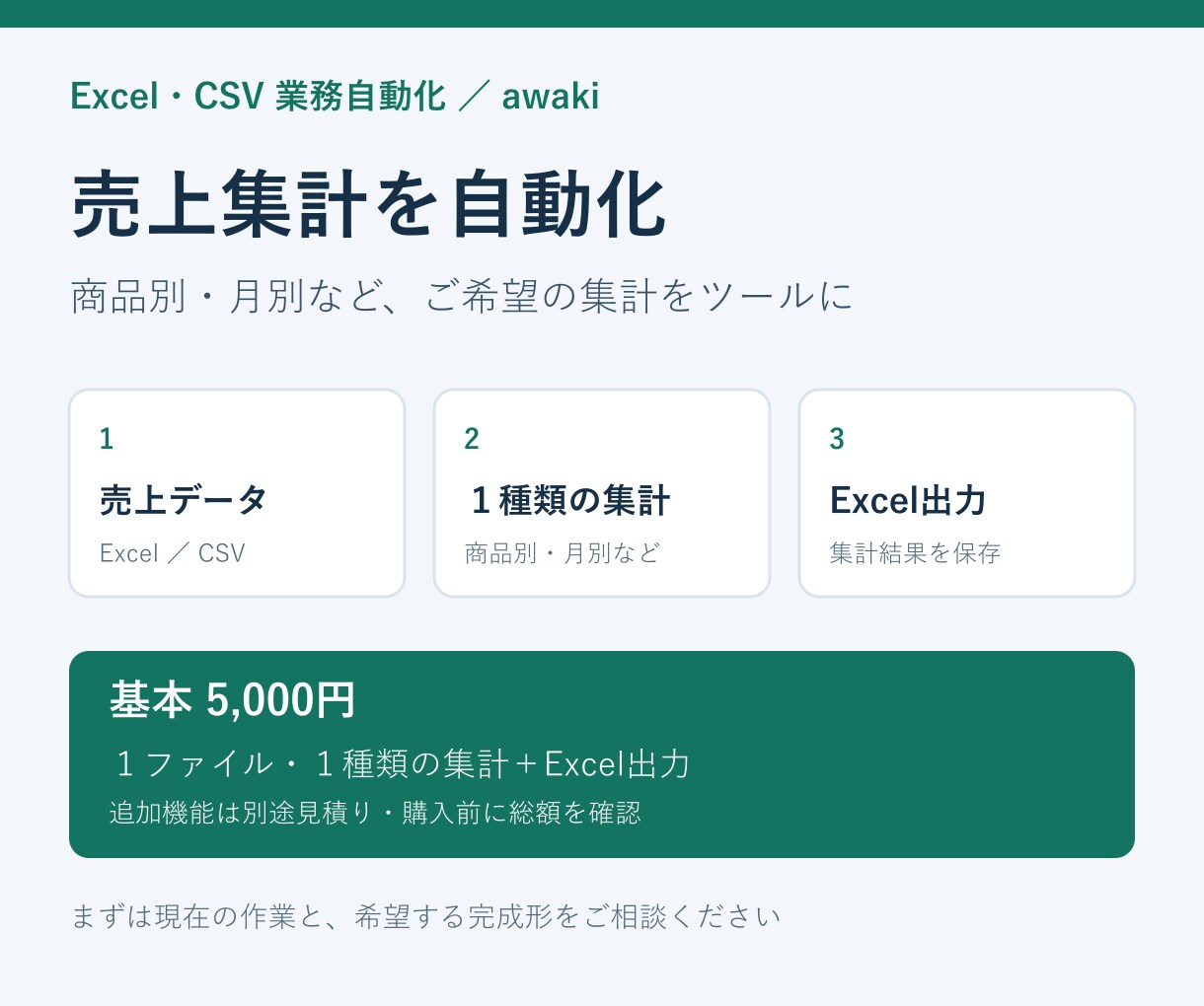 Excel・CSVの売上集計を自動化します 基本は１ファイル・１種類の集計とExcel出力 イメージ1