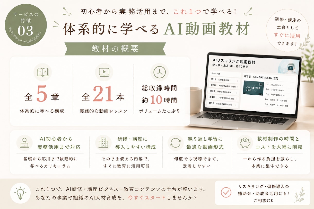 社内教育・講座に使えるAI動画教材を提供します 教材制作ゼロで研修も講座ビジネスも始められます イメージ3