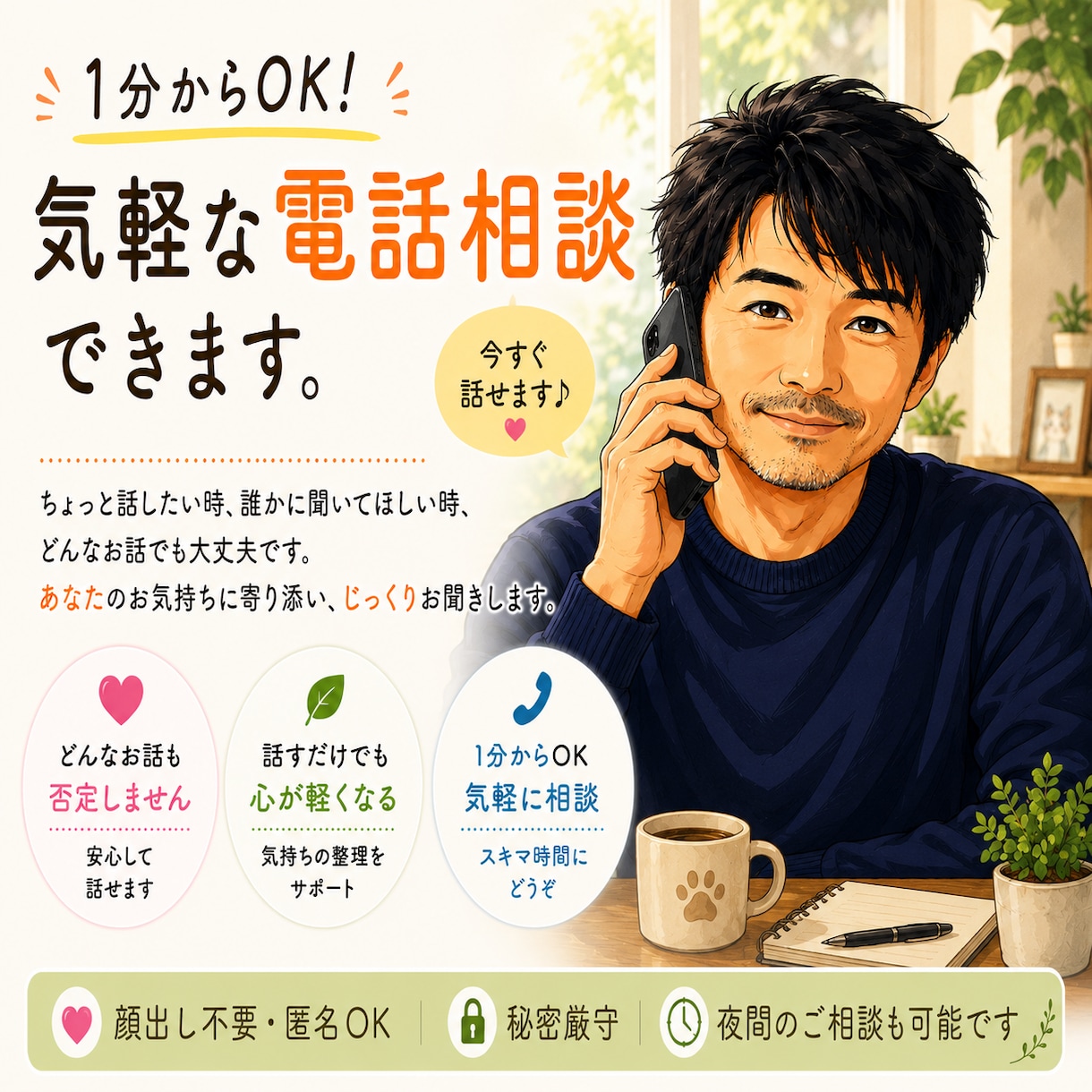 1分からOK！気軽な電話相談できます 今すぐ1分からOK、どんな話も否定せず安心して話せます。 イメージ1