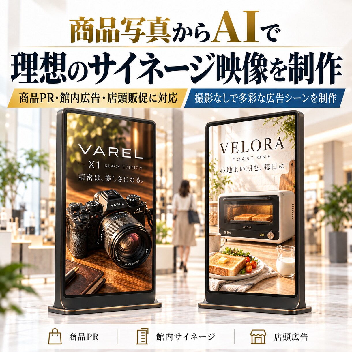 商品写真から理想のサイネージ映像を制作します 商品写真からAI生成で多彩な広告シーンを実現 イメージ1