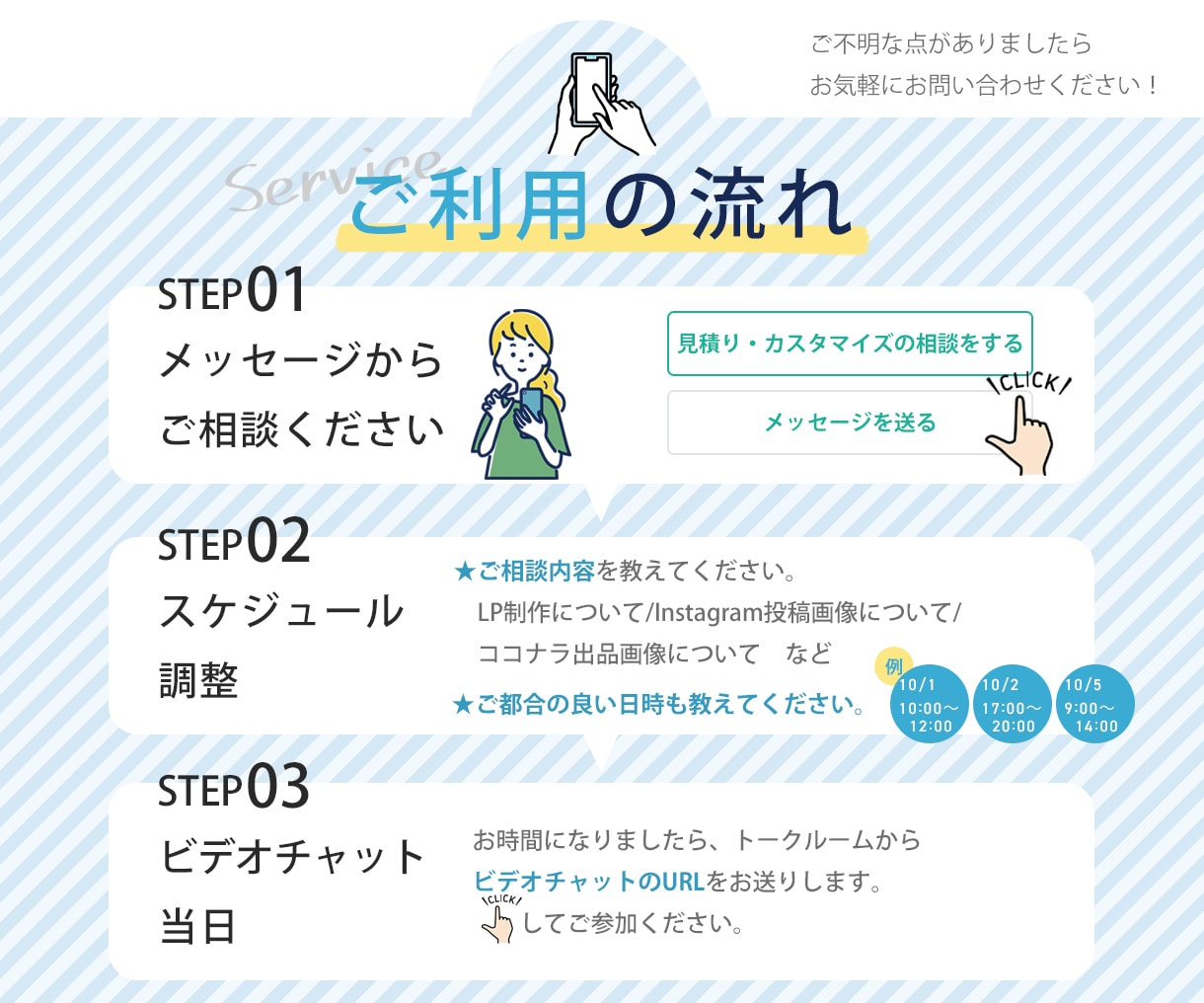 購入前の事前相談！デザイナーと直接話せます 依頼前に悩みを解決！あなたの疑問・不安をじっくりヒアリング。 イメージ3