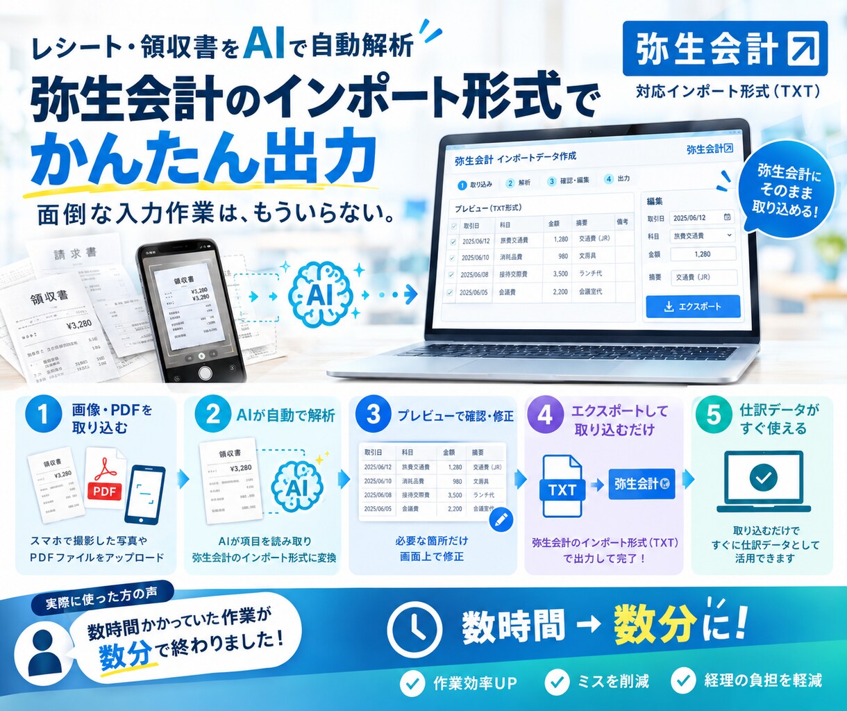弥生会計用│レシート・領収書を自動でデータ化します 何時間もかけて手打ちしていた登録が数分に短縮！ イメージ1