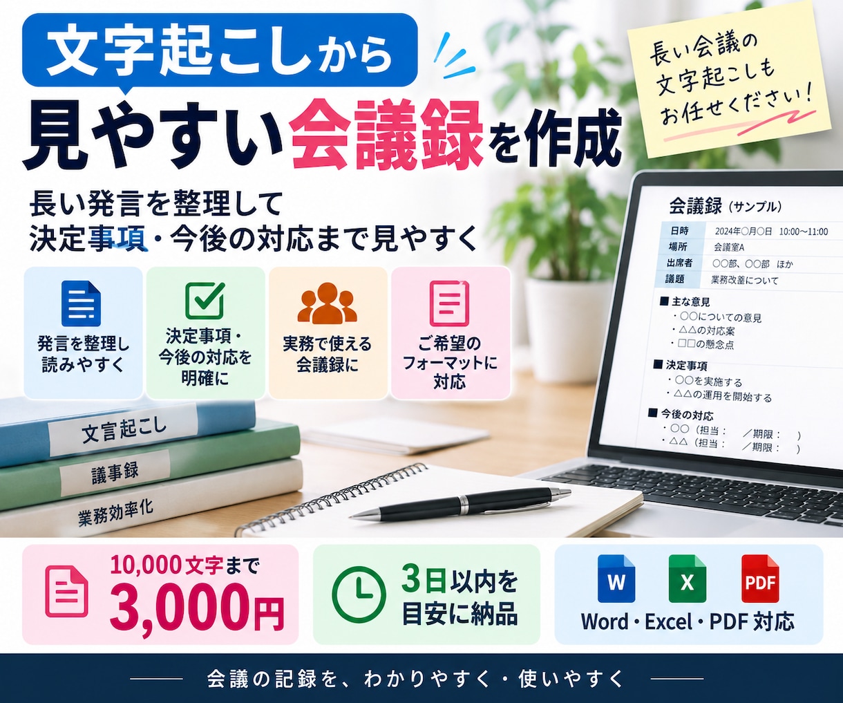 文字起こしから見やすい会議録を作成します 決定事項・今後の対応まで見やすく整理します イメージ1