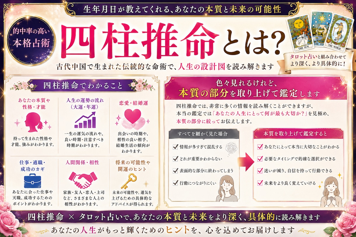 四柱推命×タロットで相手の本音を深く鑑定します 片思い・復縁・複雑恋愛も対応。恋の不安に寄り添う鑑定 イメージ2