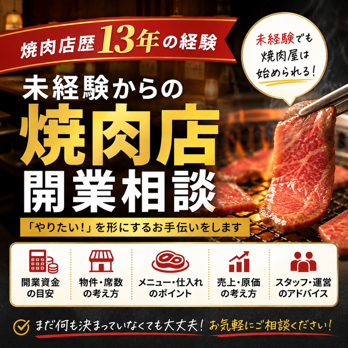 未経験からの焼肉店開業を相談できます 飲食未経験・物件未定でもOK！リアルな開業相談にお答えします イメージ1