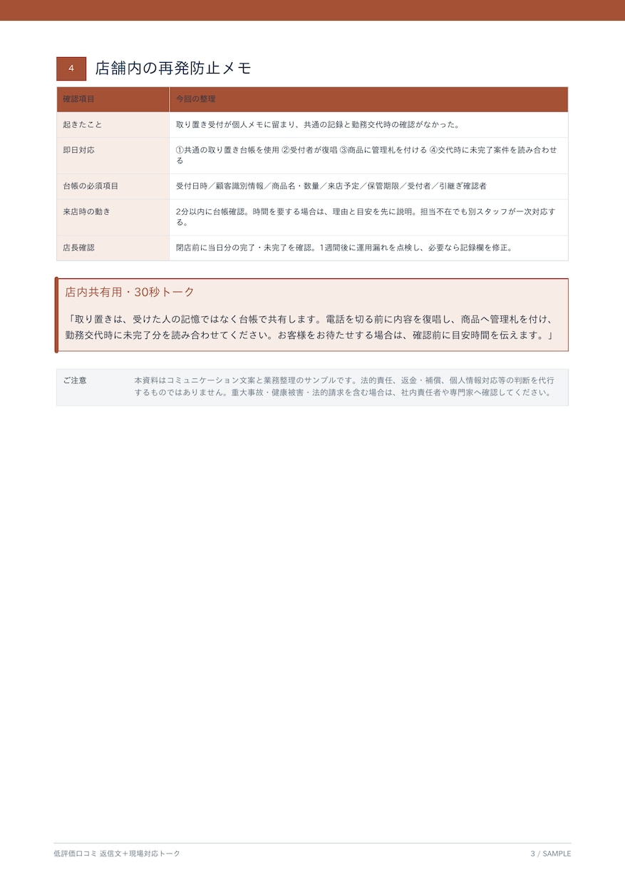 低評価口コミの返信と現場トークを作成します 店長経験6年｜公開返信から再発防止まで1件ずつ整理 イメージ4