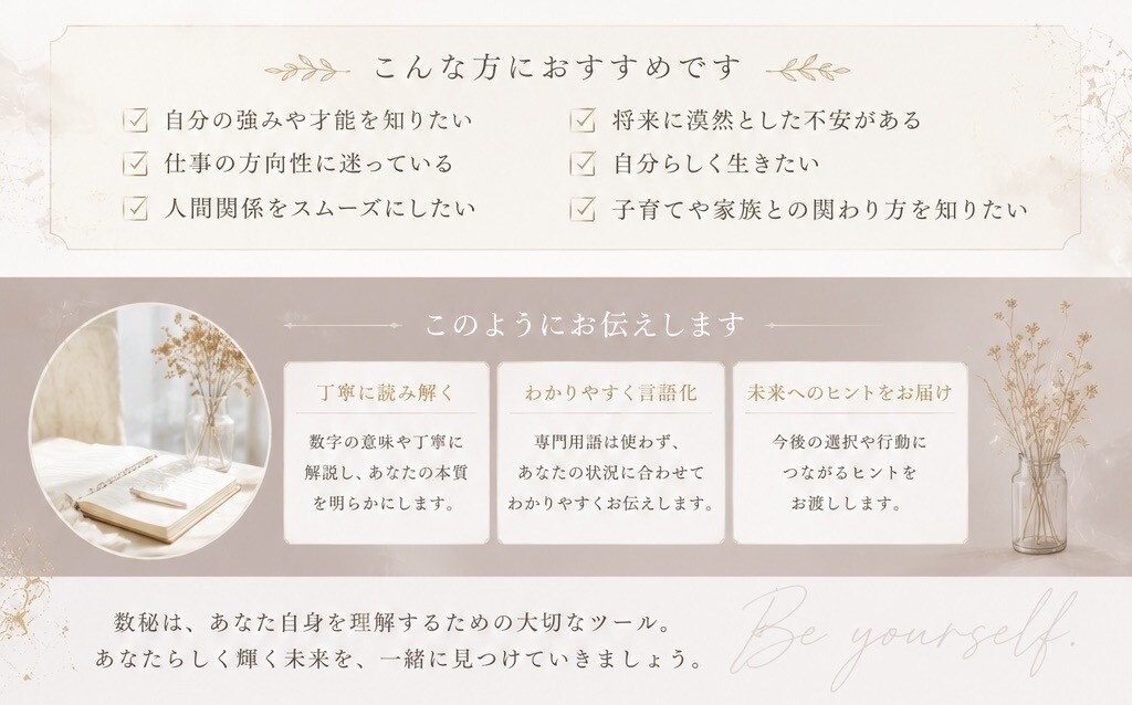 数秘であなたの強みと人生のテーマを読み解きます 数字から読み解くあなたらしく生きるためのヒントをお届け！ イメージ2