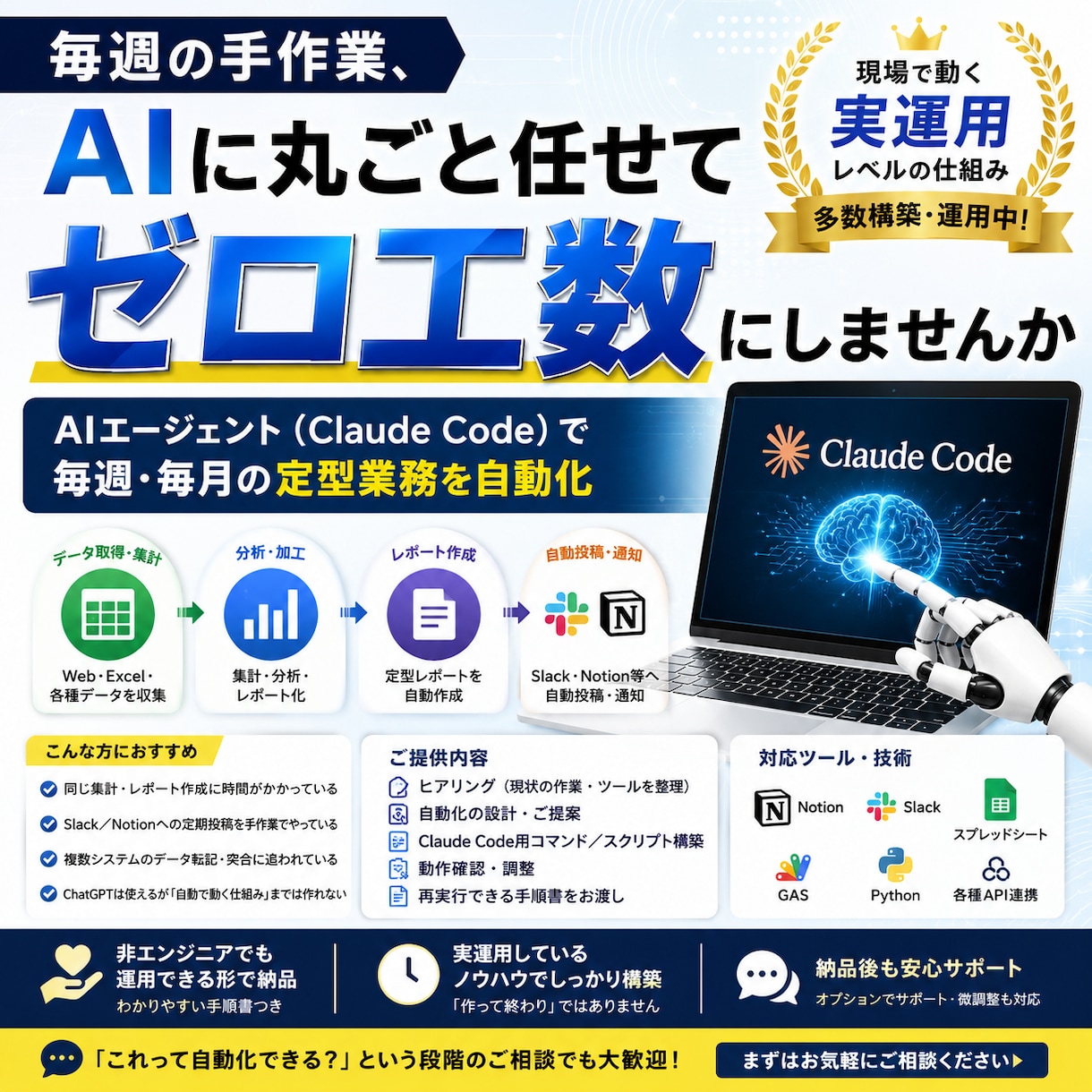 業務自動化ワークフロー作ります 「毎週・毎月の同作業」をAIで自動化する仕組みを構築。 イメージ1