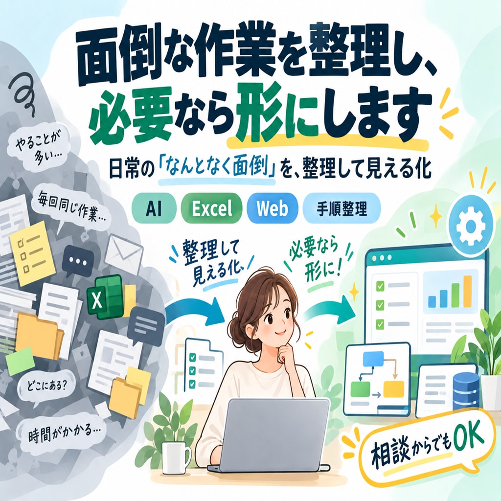 日常の面倒な作業を整理し、必要なら形にします 相談から整理、必要なら小さな仕組み化まで イメージ1