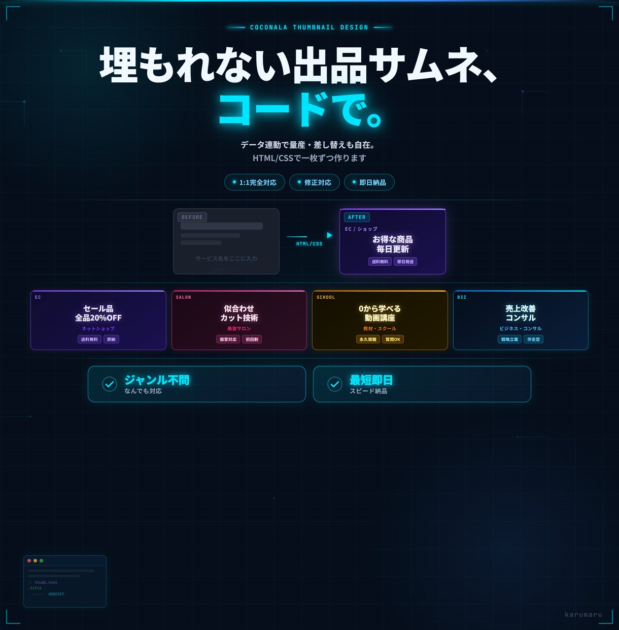 ココナラの出品サムネをHTMLCSSで作ります クリックされる出品サムネ、コードで作ります イメージ1