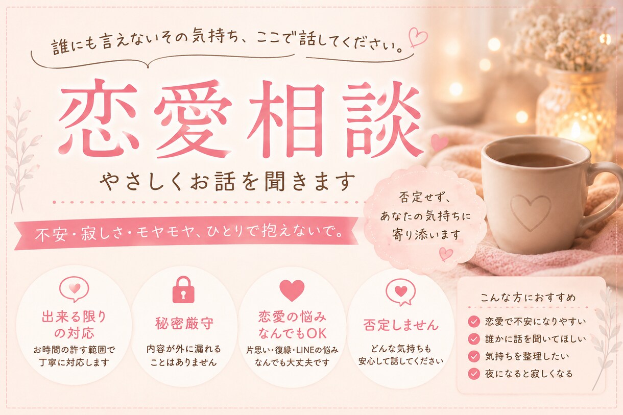 恋愛のモヤモヤ、不安、片思い、の悩みを受け止めます わかってほしい恋の悩み、不満を聞きます イメージ1