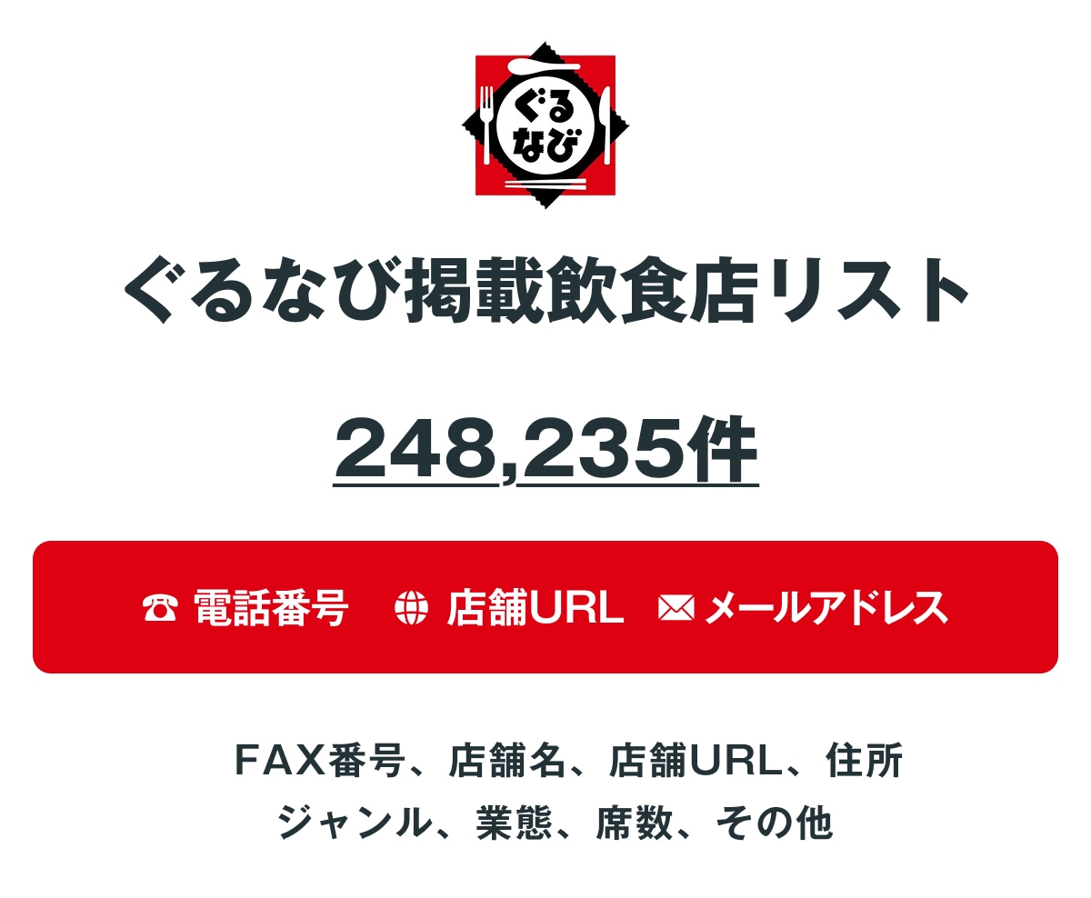 ぐるなび掲載飲食店リストを即納します 248,235件｜営業法人データ 電話・メール・HP情報含む イメージ1
