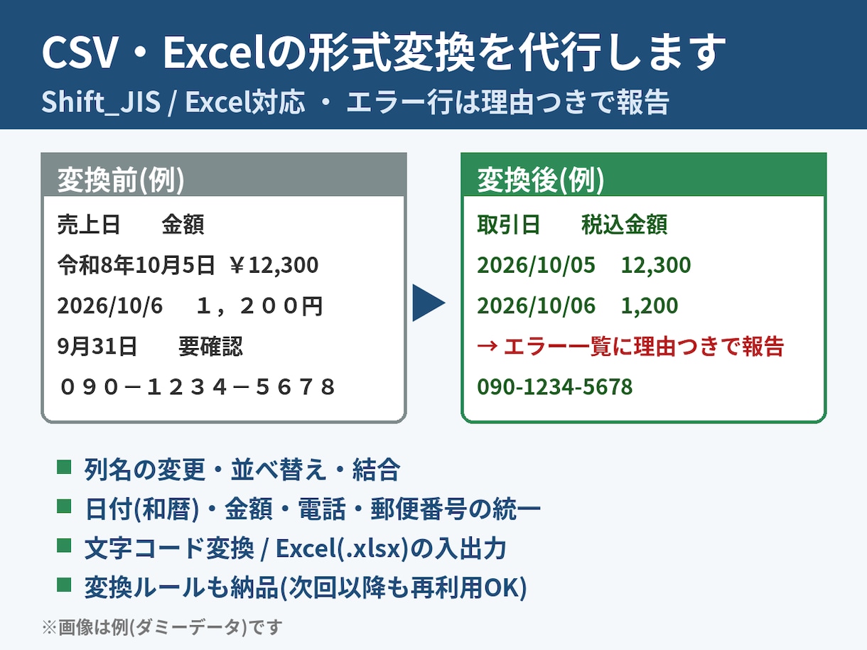 CSV・Excelの形式変換を代行します Excel・Shift_JIS対応、エラー行は理由を報告 イメージ1