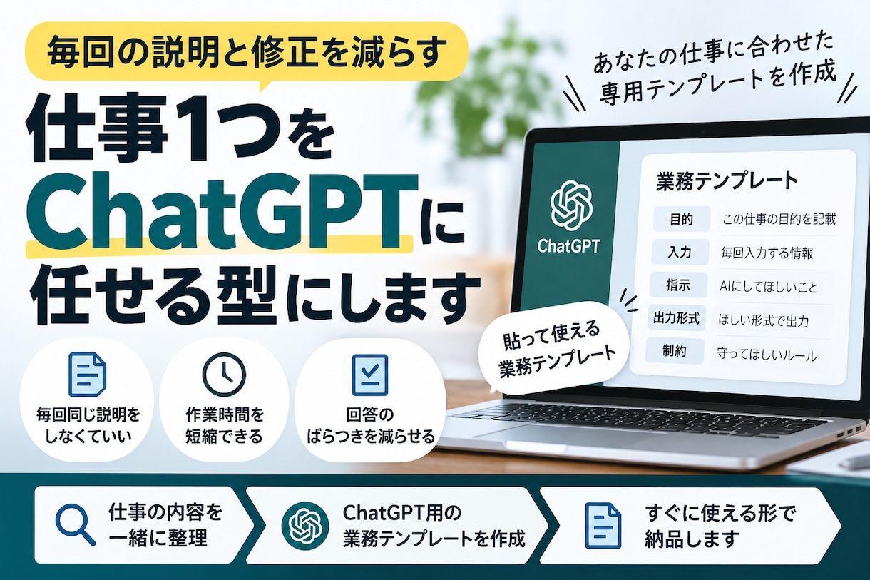 仕事1つをChatGPTに任せられる型にします 毎回の説明・修正を減らす、あなた専用の業務テンプレートを作成 イメージ1