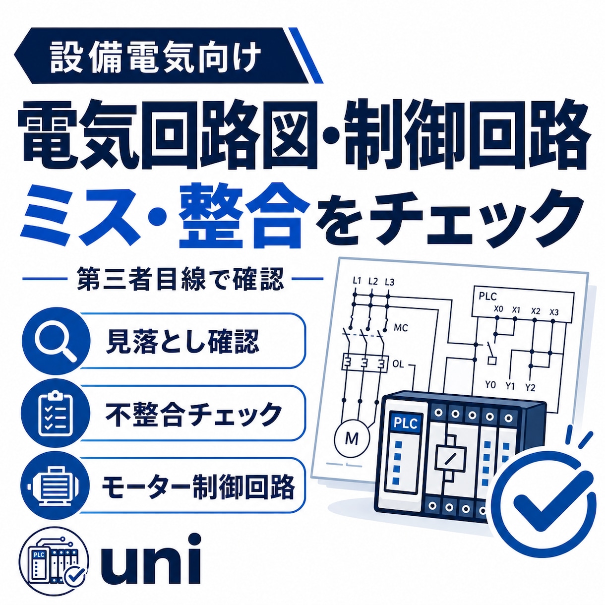 電気回路図・制御回路のミスや整合をチェックします 設備回路の見落とし・不整合を第三者目線で確認します イメージ1
